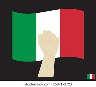 Fist power hand with National flag of Italian Republic, Fight for italy concept, cartoon graphic, sign symbol background, vector illustration.