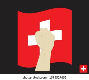 Fist power hand with National flag of the Swiss Confederation, Fight for Switzerland concept, cartoon graphic, sign symbol background, vector illustration.