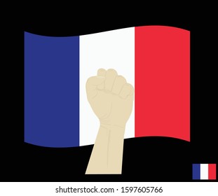 Fist power hand with National flag of FRANCE flag, Fight for FRANCE, cartoon graphic, sign symbol background, vector illustration.