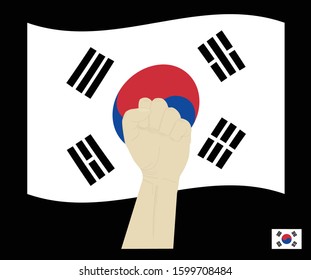 Fist power hand with National flag of South Korea, Fight for South Korea concept, cartoon graphic, sign symbol background, vector illustration.