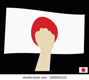 Fist power hand with National flag of Japan, Fight for Japan concept, cartoon graphic, sign symbol background, vector illustration.