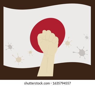 Fist power hand with novel corona virus or COVID-19 virus stained on the National Flag of Japan, Fight for japanese concept, cartoon graphic, sign symbol background, vector illustration.