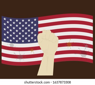 Fist power hand with novel corona virus or COVID-19 virus stained on the United states of America National Flag, Fight for USA concept, sign symbol background, vector illustration.