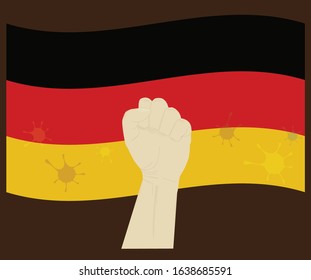 Fist power hand with novel corona virus or COVID-19 virus stained on the National Flag of Germany, Fight for german concept, cartoon graphic, sign symbol background, vector illustration.