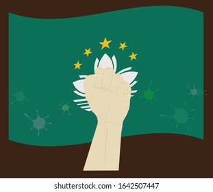Fist power hand with novel coronavirus or covid-19 virus stained on the National Flag of Macao, Fight for macau concept, cartoon graphic, sign symbol background, vector illustration.