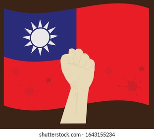 Fist power hand with novel coronavirus or covid-19 virus stained on the National Flag of Taiwan, Fight for Taiwanese concept, cartoon graphic, sign symbol background, vector illustration.