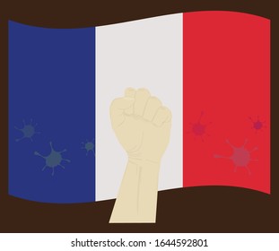 Fist power hand with novel coronavirus or covid-19 virus stained on the National Flag of France, Fight for French concept, cartoon graphic, sign symbol background, vector illustration.