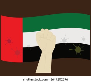 Fist power hand with novel coronavirus or covid-19 virus stained on the United Arab Emirates National Flag, Fight for UAE concept, cartoon graphic, sign symbol background, vector illustration.