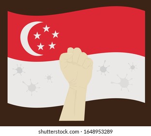 Fist power hand with novel coronavirus or covid-19 virus stained on the Singapore National Flag, Fight for Singaporean concept, cartoon graphic, sign symbol background, vector illustration.