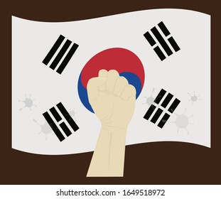 Fist power hand with novel coronavirus or covid-19 virus stained on the South Korea National Flag, Fight for Korean concept, cartoon graphic, sign symbol background, vector illustration.