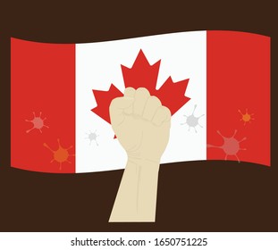 Fist power hand with novel coronavirus or covid-19 virus stained on the Canada National Flag, Fight for Canadian concept, cartoon graphic, sign symbol background, vector illustration.