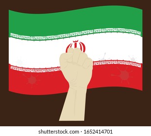 Fist power hand with novel coronavirus or covid-19 virus stained on the Iran National Flag, Fight for Iranian concept, cartoon graphic, sign symbol background, vector illustration.