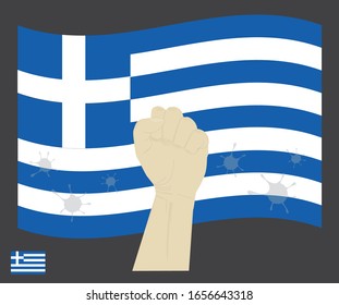 Fist power hand with novel coronavirus or covid-19 virus stained on the greece National Flag, Fight for greek people concept, cartoon graphic, sign symbol background, vector illustration.