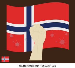 Fist power hand with novel coronavirus or covid-19 virus stained on the Norway National Flag, Fight for Norwegian concept, cartoon graphic, sign symbol background, vector illustration.