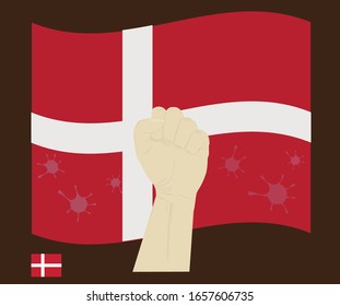 Fist power hand with novel coronavirus or covid-19 virus stained on the Denmark National Flag, Fight for Danish people concept, cartoon graphic, sign symbol background, vector illustration.