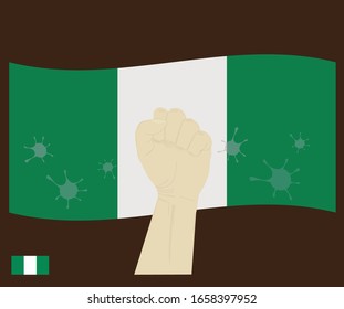 Fist power hand with novel coronavirus or covid-19 virus stained on the Nigeria National Flag, Fight for Nigerian people concept, cartoon graphic, sign symbol background, vector illustration.