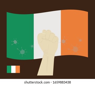 Fist power hand with novel coronavirus or covid-19 virus stained on the Ireland National Flag, Fight for irish people concept, cartoon graphic, sign symbol background, vector illustration.