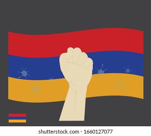 Fist power hand with novel coronavirus or covid-19 virus stained on the Armenia National Flag, Fight for Armenian people concept, cartoon graphic, sign symbol background, vector illustration.