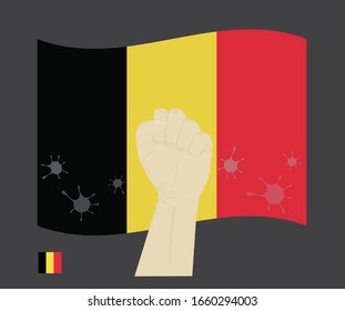 Fist power hand with novel coronavirus or covid-19 virus stained on the Belgium National Flag, Fight for Belgian people concept, cartoon graphic, sign symbol background, vector illustration.