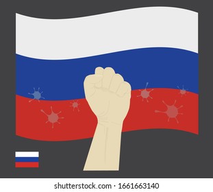 Fist power hand with novel coronavirus or covid-19 virus stained on the Russia National Flag, Fight for Russian people concept, cartoon graphic, sign symbol background, vector illustration.