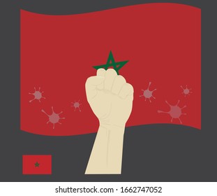 Fist power hand with novel coronavirus or covid-19 virus stained on the morocco National Flag, Fight for Moroccan people concept, cartoon graphic, sign symbol background, vector illustration.