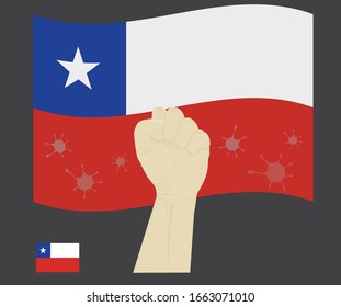 Fist power hand with novel coronavirus or covid-19 virus stained on the Chile National Flag, Fight for Chilean people concept, cartoon graphic, sign symbol background, vector illustration.