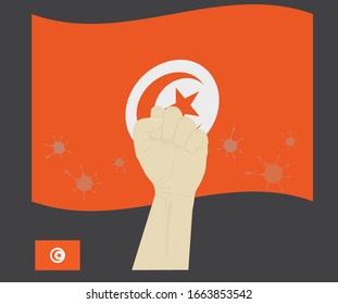 Fist power hand with novel coronavirus or covid-19 virus stained on the Tunisia National Flag, Fight for Tunisian people concept, cartoon graphic, sign symbol background, vector illustration.