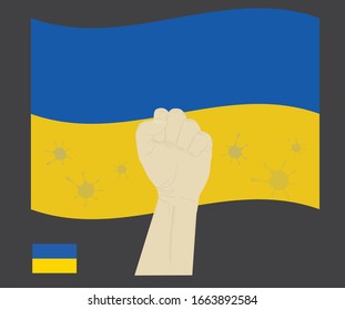 Fist power hand with novel coronavirus or covid-19 virus stained on the Ukraine National Flag, Fight for Ukrainian people concept, cartoon graphic, sign symbol background, vector illustration.