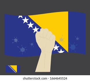 Fist power hand with novel coronavirus or COVID-19 virus stained on the bosnia and herzegovina National Flag, Fight for Bosnian people concept, sign symbol background, vector illustration.
