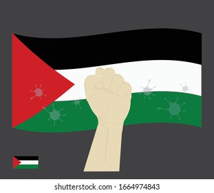 Fist power hand with novel coronavirus or COVID-19 virus stained on the State of Palestine National Flag, Fight for Palestinian people concept, sign symbol background, vector illustration.