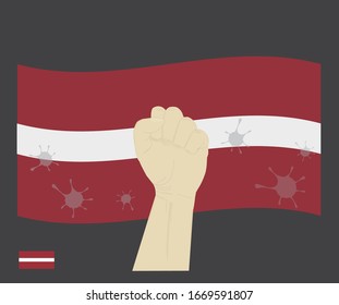 Fist power hand with novel coronavirus or COVID-19 virus stained on the Latvia National Flag, Fight for  Latvian people concept, sign symbol background, vector illustration.