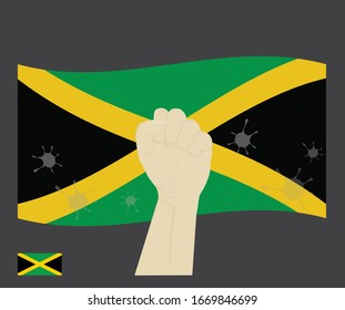 Fist power hand with novel coronavirus or COVID-19 virus stained on the Jamaica National Flag, Fight for Jamaican people concept, sign symbol background, vector illustration.