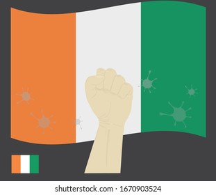 Fist power hand with novel coronavirus or COVID-19 virus stained on the Ivory coast National Flag, Fight for Ivorian people concept, sign symbol background, vector illustration.