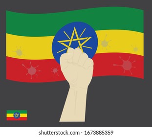 Fist power hand with novel coronavirus or COVID-19 virus stained on the Athiopia National Flag, Fight for Athiopian people concept, sign symbol background, vector illustration.
