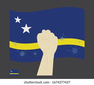 Fist power hand with novel coronavirus or COVID-19 virus stained on the Curacao National Flag, Fight for Curaçaoan people concept, sign symbol background, vector illustration.