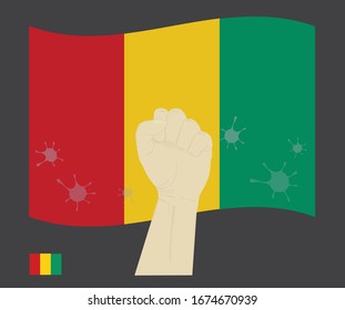 Fist power hand with novel coronavirus or COVID-19 virus stained on the Guinea National Flag, Fight for Guinean people concept, sign symbol background, vector illustration.