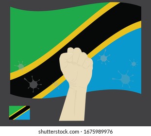 Fist power hand with novel coronavirus or COVID-19 virus stained on the Tanzania National Flag, Fight for Tanzanian people concept, sign symbol background, vector illustration.