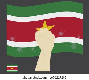 Fist power hand with novel coronavirus or COVID-19 virus stained on the suriname National Flag, Fight for surinamese people concept, sign symbol background, vector illustration.