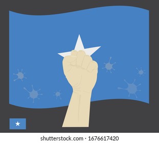 Fist power hand with novel coronavirus or COVID-19 virus stained on the somalia National Flag, Fight for somali people concept, sign symbol background, vector illustration.