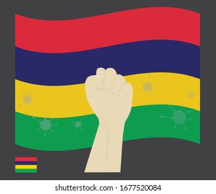 Fist power hand with novel coronavirus or COVID-19 virus stained on the mauritius National Flag, Fight for Mauritian people concept, sign symbol background, vector illustration.