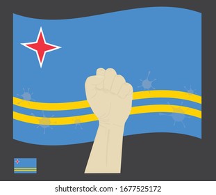 Fist power hand with novel coronavirus or COVID-19 virus stained on the Aruba National Flag, Fight for Aruban people concept, sign symbol background, vector illustration.