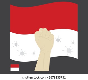 Fist power hand with novel coronavirus or COVID-19 virus stained on the Monaco National Flag, Fight for Monacan people concept, sign symbol background, vector illustration.
