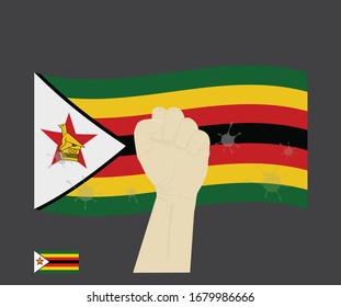 Fist power hand with novel coronavirus or COVID-19 virus stained on the zimbabwe National Flag, Fight for Zimbabwean people concept, sign symbol background, vector illustration.
