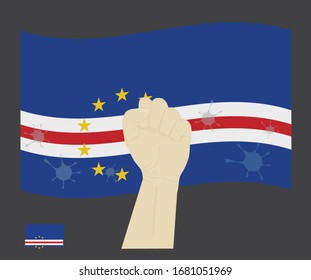 Fist power hand with novel coronavirus or COVID-19 virus stained on the Cape verde National Flag, Fight for Cape Verdean people concept, sign symbol background, vector illustration.
