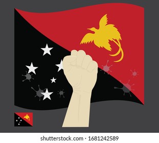 Fist power hand with novel coronavirus or COVID-19 virus stained on the papua new guine National Flag, Fight for Papua New Guinean people concept, sign symbol background, vector illustration.
