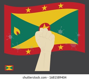 Fist power hand with novel coronavirus or COVID-19 virus stained on the Grenada National Flag, Fight for Grenadian people concept, sign symbol background, vector illustration.