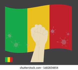 Fist power hand with novel coronavirus or COVID-19 virus stained on the Mali National Flag, Fight for Malian people concept, sign symbol background, vector illustration.