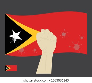Fist power hand with novel coronavirus or COVID-19 virus stained on the East Timor National Flag, Fight for East Timorese people concept, sign symbol background, vector illustration.
