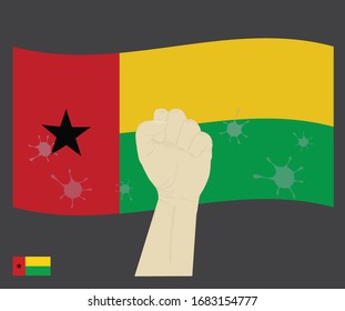 Fist power hand with novel coronavirus or COVID-19 virus stained on the Guinea-Bissau National Flag, Fight for Bissau-Guinean people concept, sign symbol background, vector illustration.