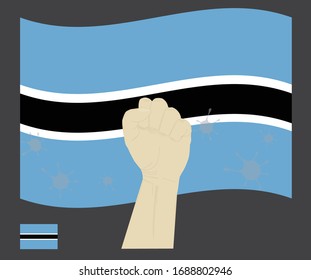 Fist power hand with novel coronavirus or COVID-19 virus stained on the Botswana National Flag, Fight for Batswana people concept, sign symbol background, vector illustration.